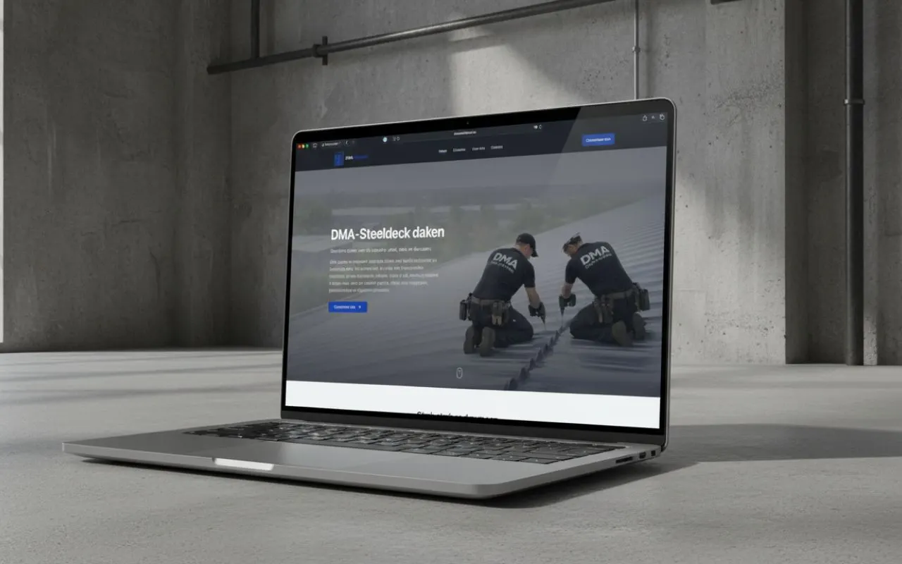 Website van DMA Steeldeck op een laptop in een betonnen ruimte
